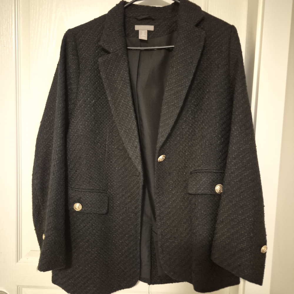 H&M Textured Black Blazer with Gold Accents